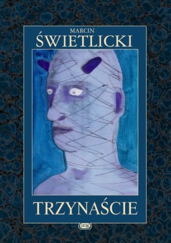 Okładka książki: Marcin Świetlicki Trzynaście. Niebieski rysunek głowy z rogami.